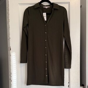 LOFT Dark Green Ribbed Long Sleeve Button Up Dress Size: 0
